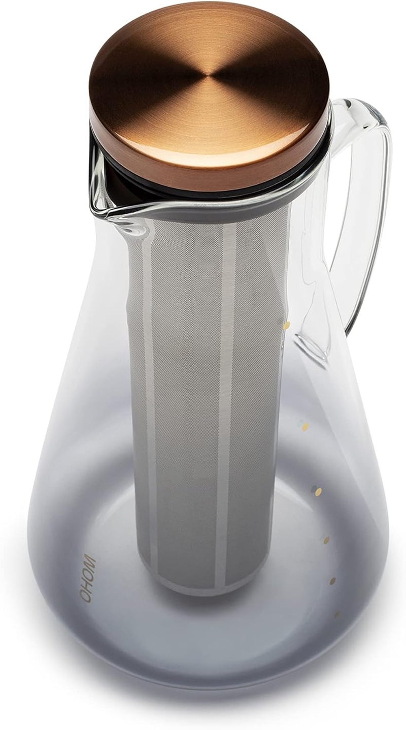 OHOM Sio Cold-Infusion Pitcher – 54 fl oz / 1600 mL Borosilicate Glass Pitcher with Micro-Fine 316 Stainless Steel Strainer & Copper-Plated Lid, Includes Measuring Scoop - Image 1